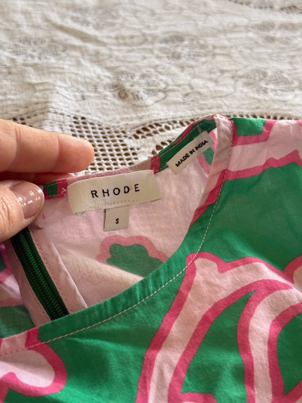 RHODE Pia Floral Ruched Mini Dress in the "Take It Easy" green and pink pattern - Picture 3 of 6